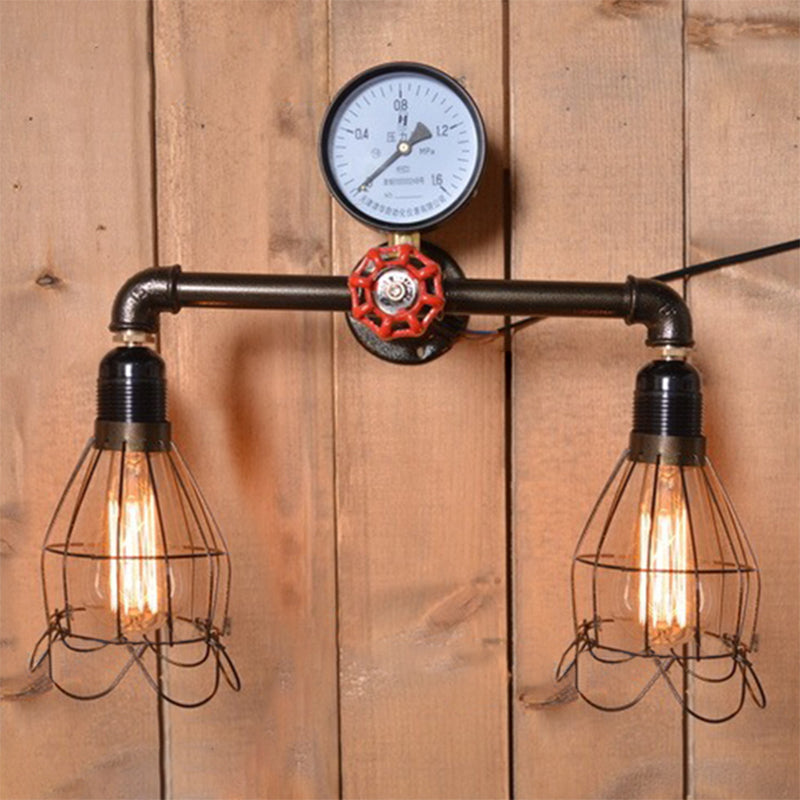 BowLift | 2 Light Bulbs Wire Frame Wall Mount Light with Pressure Gauge Deco Antique Style Black Metal Wall Lighting