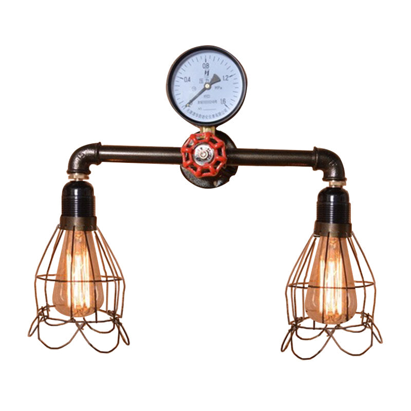 BowLift | 2 Light Bulbs Wire Frame Wall Mount Light with Pressure Gauge Deco Antique Style Black Metal Wall Lighting
