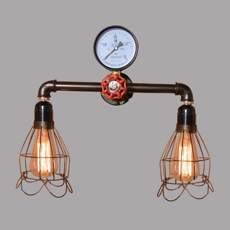 BowLift | 2 Light Bulbs Wire Frame Wall Mount Light with Pressure Gauge Deco Antique Style Black Metal Wall Lighting