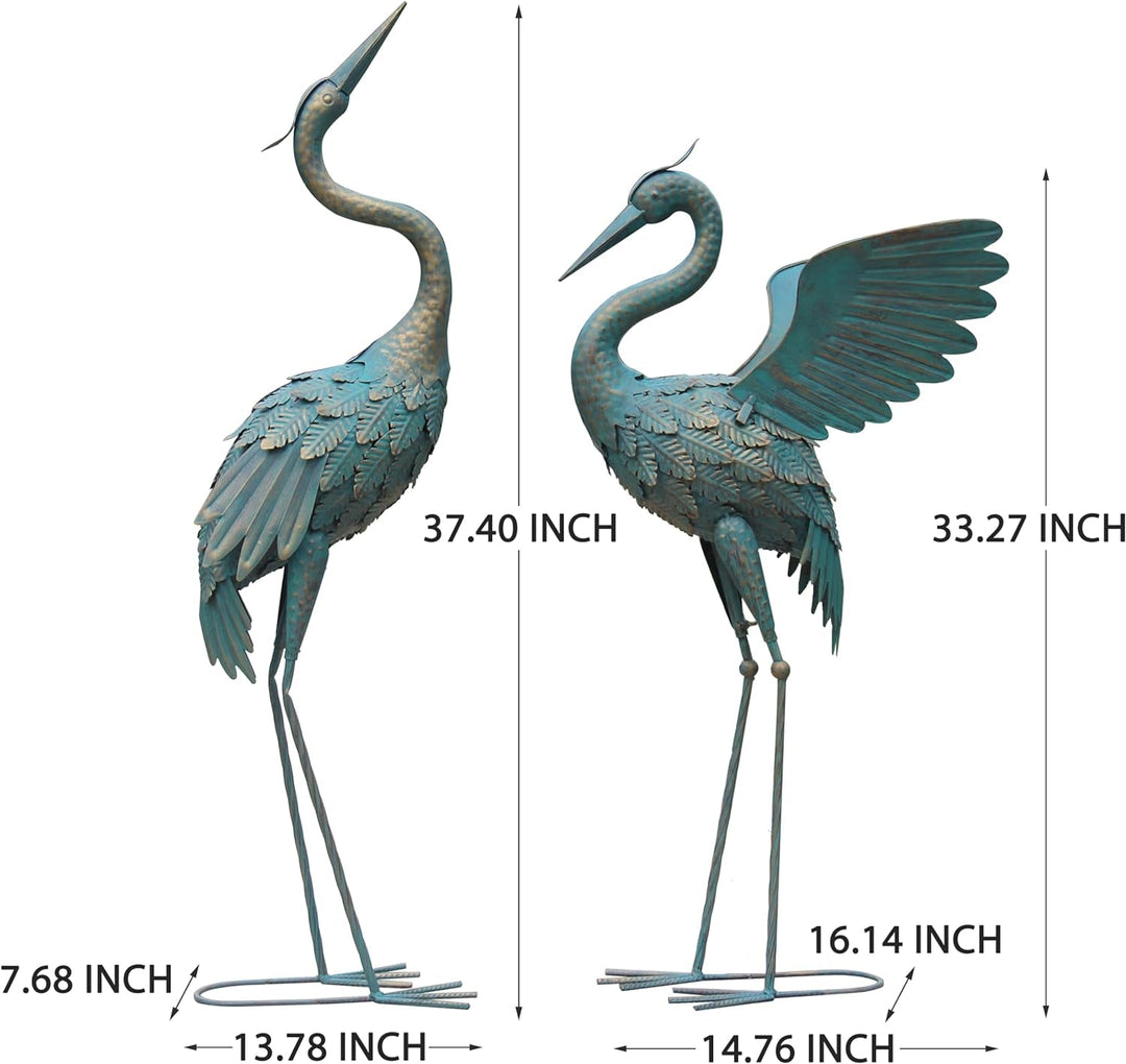 BowLift | 33-37 Inch Metal Crane Garden Statue Decor, Bird Garden Sculpture & Statues, Outdoor Decoration for Garden Patio Lawn Backyard Pool, Vintage Spreading Wings Crane, Set of 2
