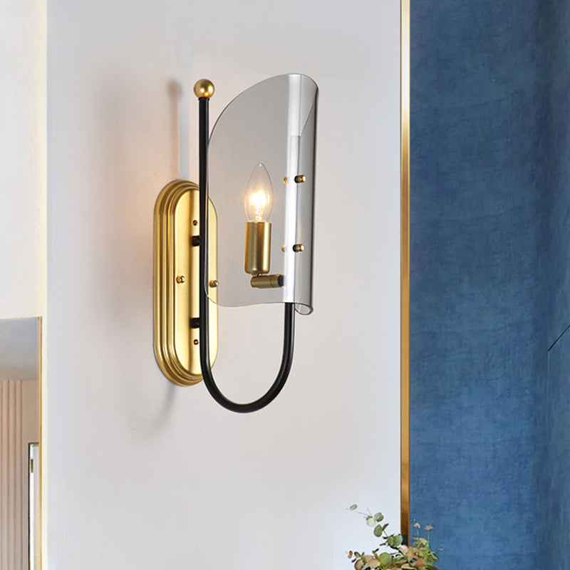 BowLift | 1-Light Hall Wall Lamp Mid Century Black-Brass Wall Sconce with Curved Smoky Grey Glass Shade