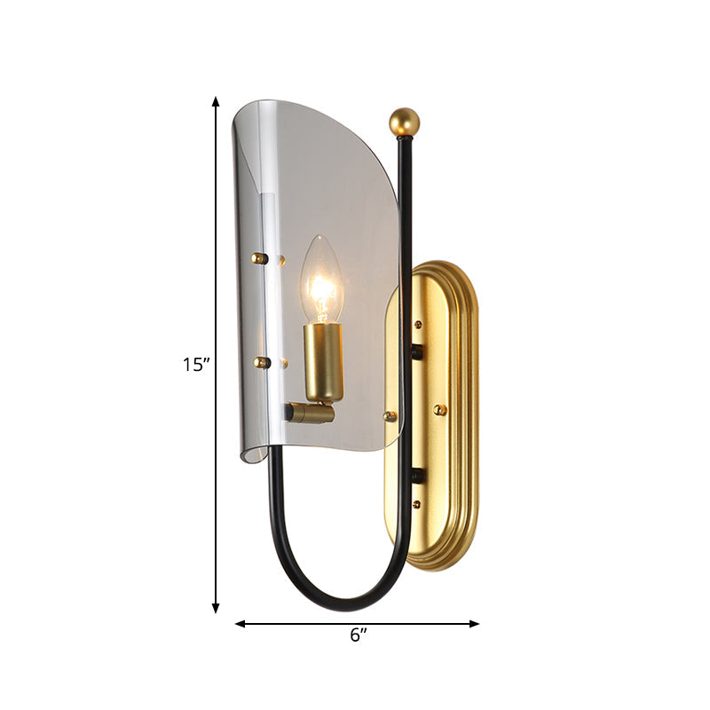 BowLift | 1-Light Hall Wall Lamp Mid Century Black-Brass Wall Sconce with Curved Smoky Grey Glass Shade