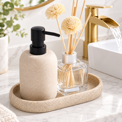 Textured Matte Stone-Effect Bathroom Countertop Soap Dispenser with Pump Bowlift
