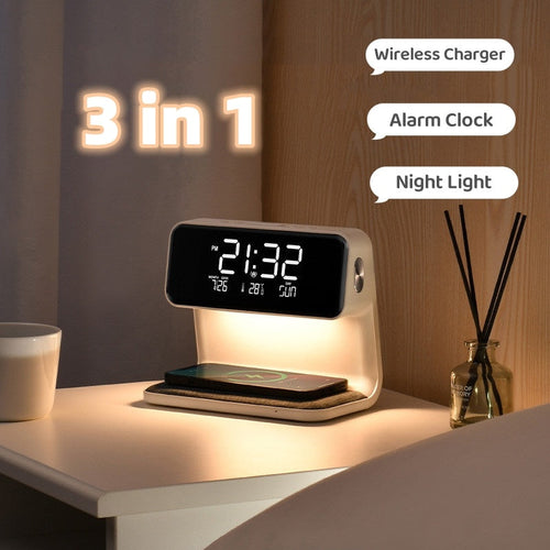BowLift | 3 In 1 Bedside Lamp with Wireless Charger LCD Alarm Clock and Dimmable LED