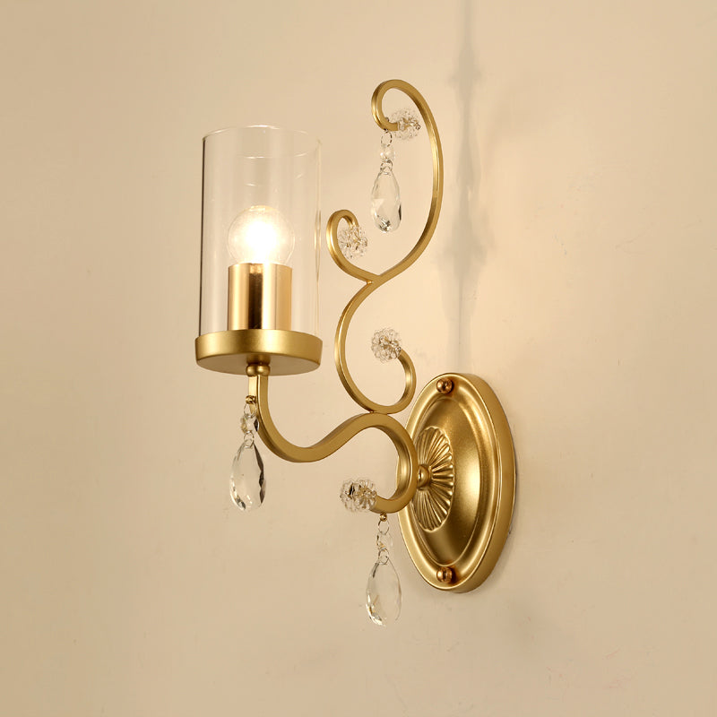 BowLift | 1/2-Pear Clear Glass Wall Mounted Light Simple Brass Finish Cylinder Wall Lighting Ideas with Crystal Accent