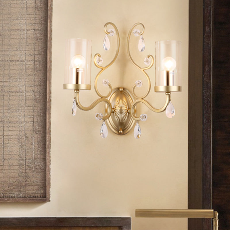 BowLift | 1/2-Pear Clear Glass Wall Mounted Light Simple Brass Finish Cylinder Wall Lighting Ideas with Crystal Accent