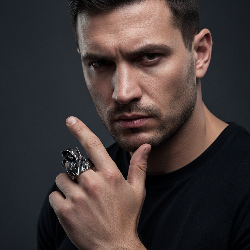BowLift | Grim Reaper Skull Ring for Men, Stainless Steel Punk Biker Jewelry