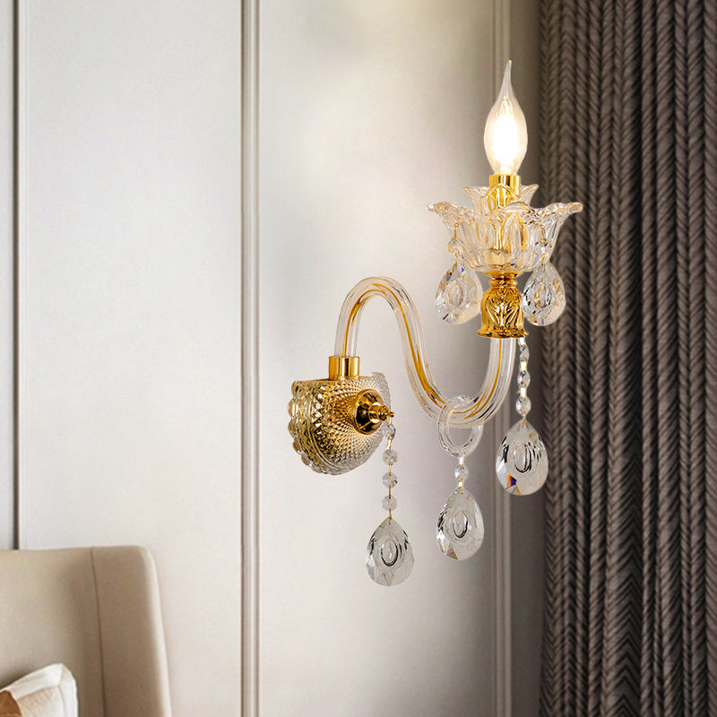 BowLift | 1/2-Bulb Clear Glass Coated Wall Light Vintage Gold Candle Style Lounge Wall Light with Curved Arm
