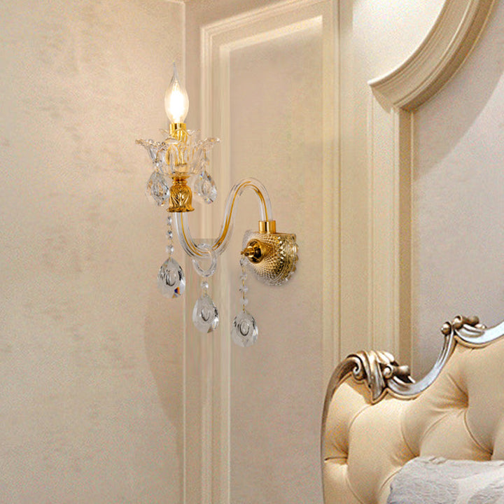 BowLift | 1/2-Bulb Clear Glass Coated Wall Light Vintage Gold Candle Style Lounge Wall Light with Curved Arm