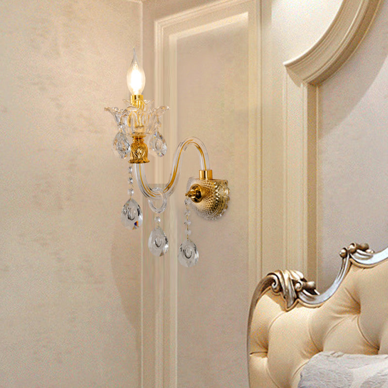 BowLift | 1/2-Bulb Clear Glass Coated Wall Light Vintage Gold Candle Style Lounge Wall Light with Curved Arm
