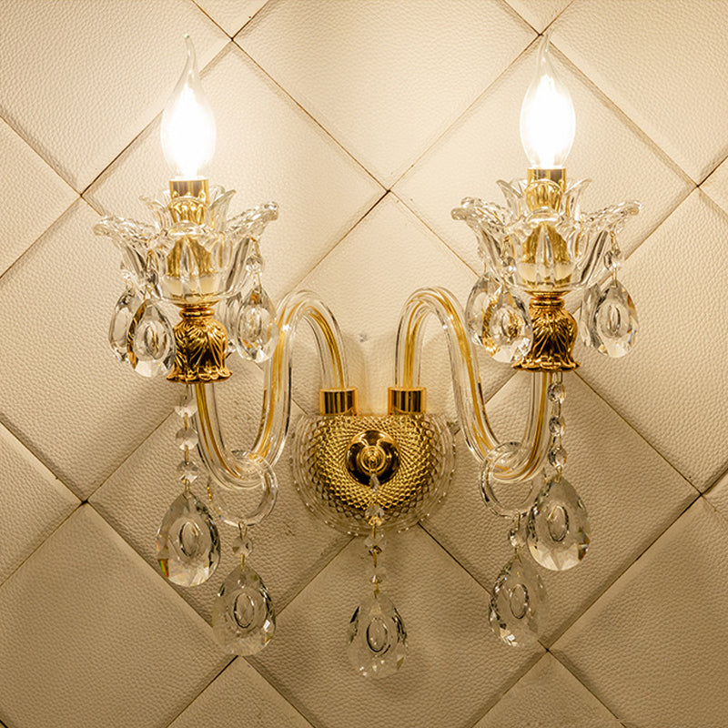 BowLift | 1/2-Bulb Clear Glass Coated Wall Light Vintage Gold Candle Style Lounge Wall Light with Curved Arm