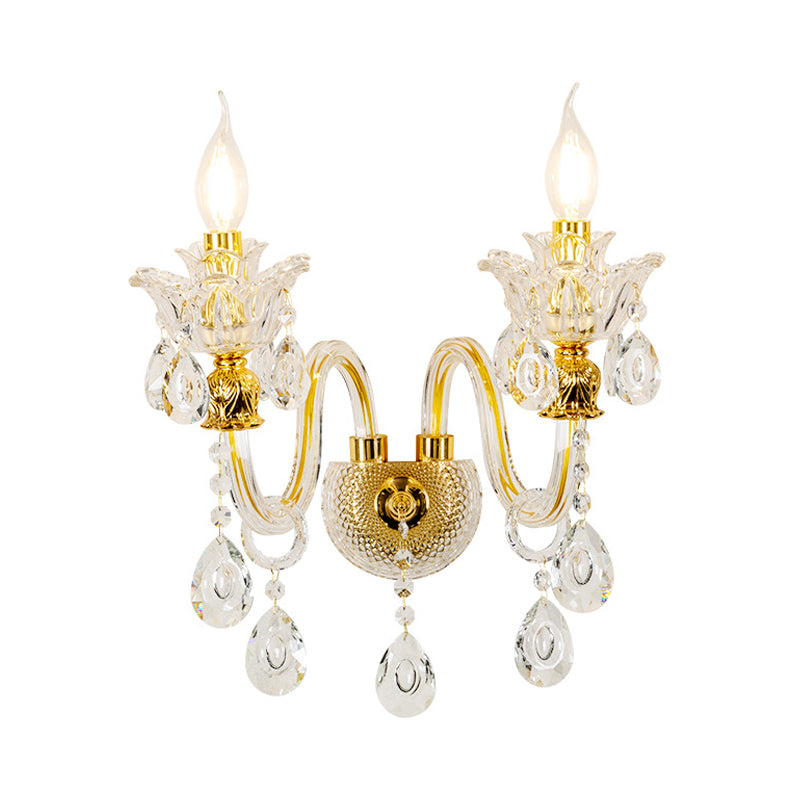 BowLift | 1/2-Bulb Clear Glass Coated Wall Light Vintage Gold Candle Style Lounge Wall Light with Curved Arm