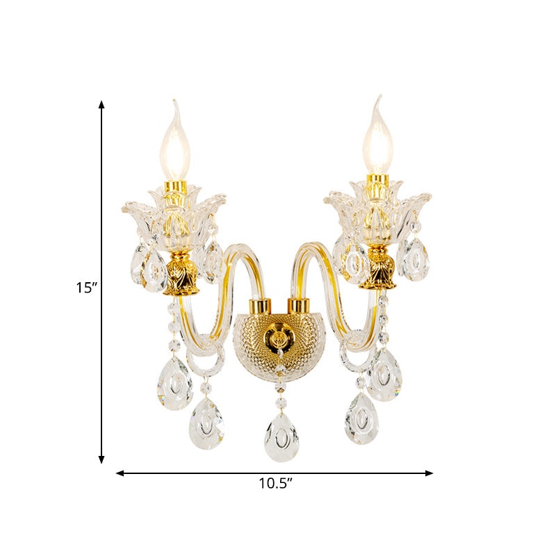 BowLift | 1/2-Bulb Clear Glass Coated Wall Light Vintage Gold Candle Style Lounge Wall Light with Curved Arm