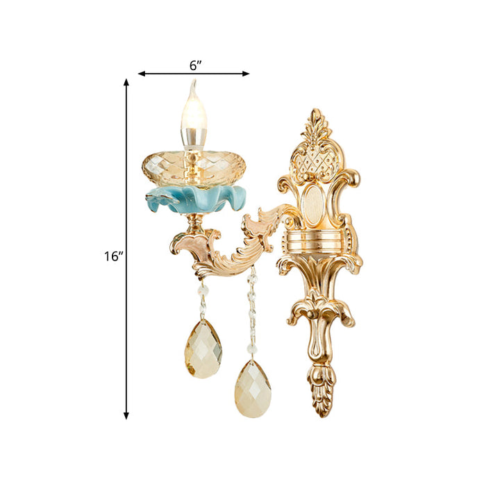 BowLift | Antiqued Candle Holder Wall Mount Lamp 1/2-Light K9 Crystal Wall Sconce with Ceramic Plastic in Gold