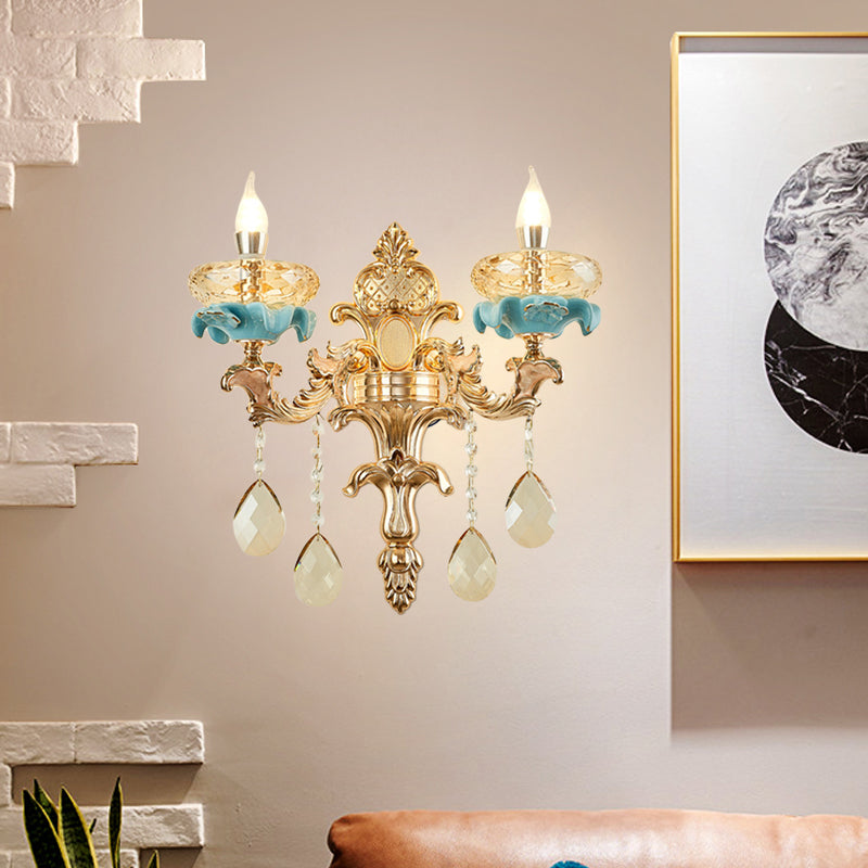 BowLift | Antiqued Candle Holder Wall Mount Lamp 1/2-Light K9 Crystal Wall Sconce with Ceramic Plastic in Gold