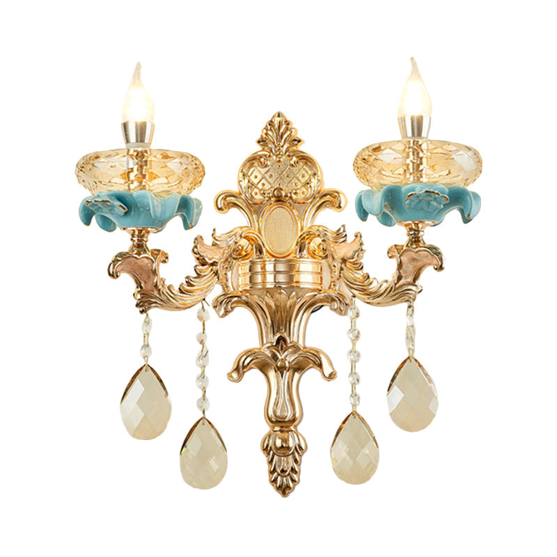 BowLift | Antiqued Candle Holder Wall Mount Lamp 1/2-Light K9 Crystal Wall Sconce with Ceramic Plastic in Gold