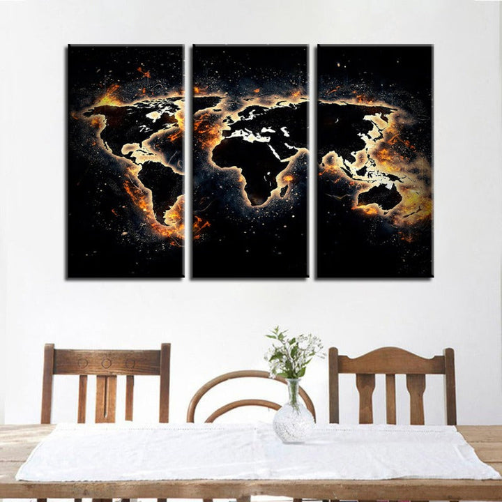 Fire and Black World Map-Canvas Wall Art Painting 3 Pieces | Bowlift