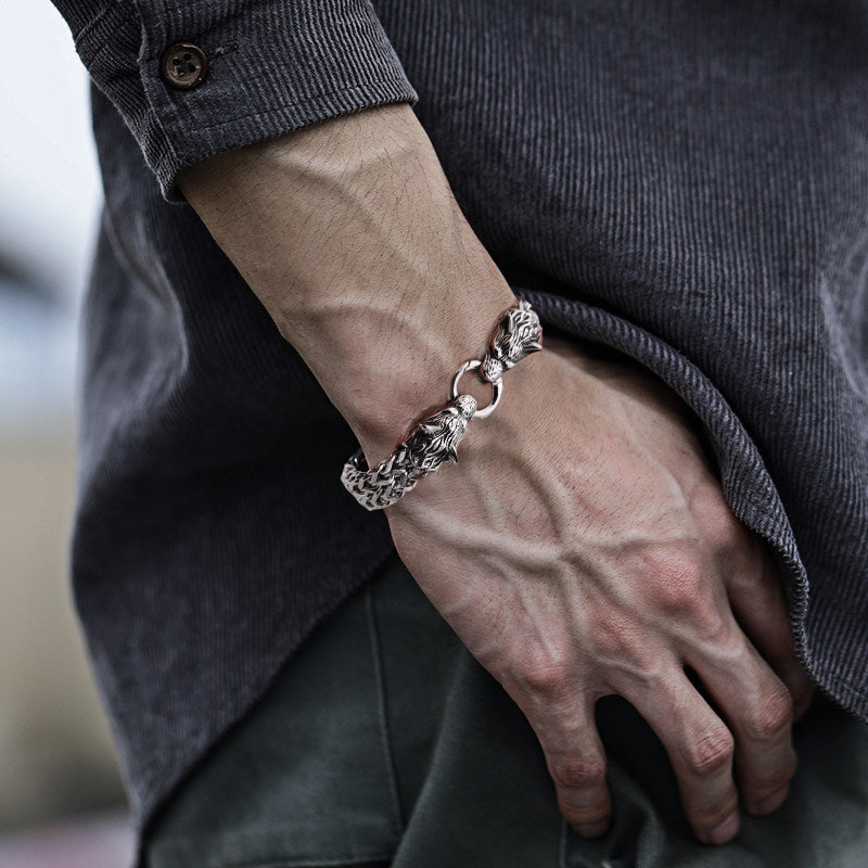 BowLift | Viking Stainless Steel Double Wolf Head Fenrir Bracelet