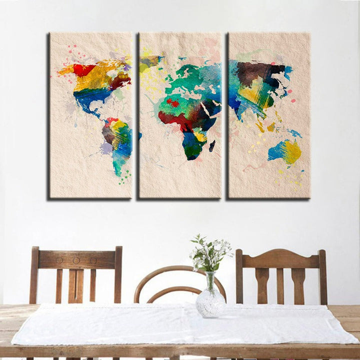 Beautiful Abstract Rainbow Color World Map-Canvas Wall Art Painting 3 Pieces | Bowlift