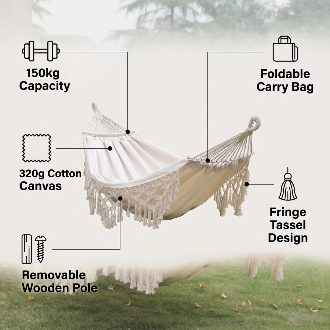 BowLift | 200x150cm Double Outdoor Camping Fringe Canvas Hammock with Pole (White)