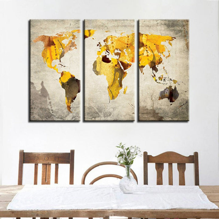 Yellow Classic World Map-Canvas Wall Art Painting 3 Pieces | Bowlift