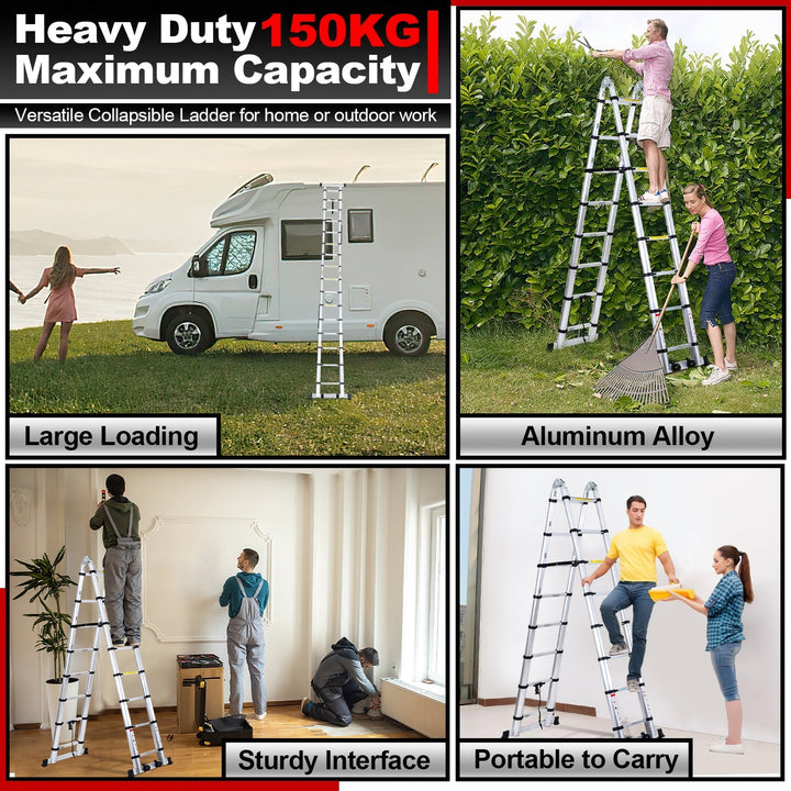 5M Aluminum Telescopic Ladder Folding Ladder with Wheels and Triangle Stabilizer | Bowlift