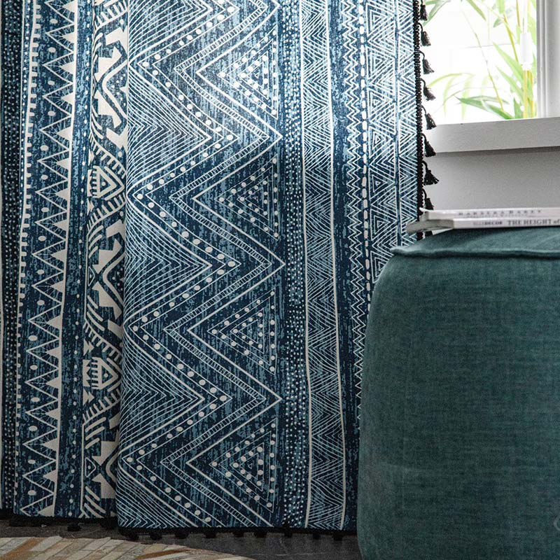 BowLift | Blue geometric pattern light-filtering curtain