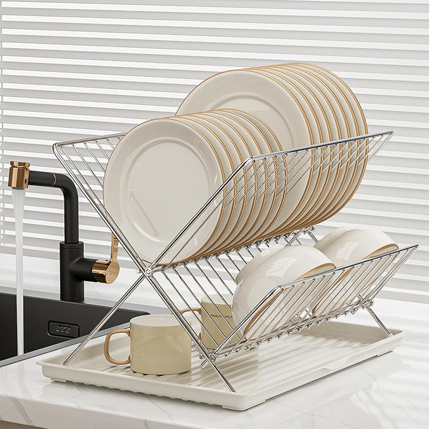 BowLift | Folding Dish Drying Rack – 2-Tier Countertop Drainer with Detachable Tray – Kelvra