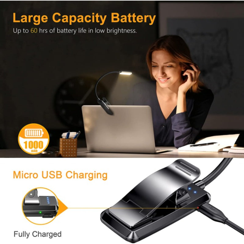 BowLift | Buy 9 LED USB rechargeable reading lamp for reading in bed - eye-friendly, stepless dimmable | Small lightweight clip-on reading lamp