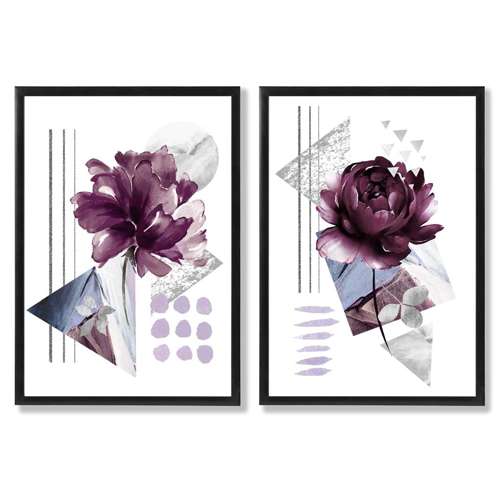 Contemporary Flowers in Purple Frame Set of 2 Art Prints | Bowlift