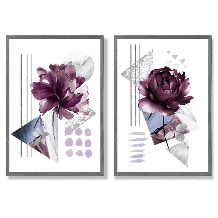 Contemporary Flowers in Purple Frame Set of 2 Art Prints | Bowlift