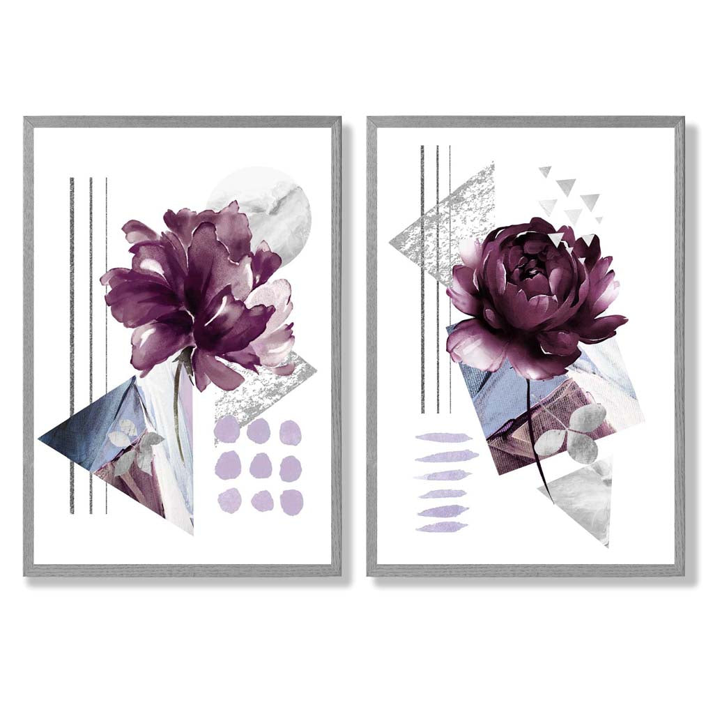 Contemporary Flowers in Purple Frame Set of 2 Art Prints | Bowlift
