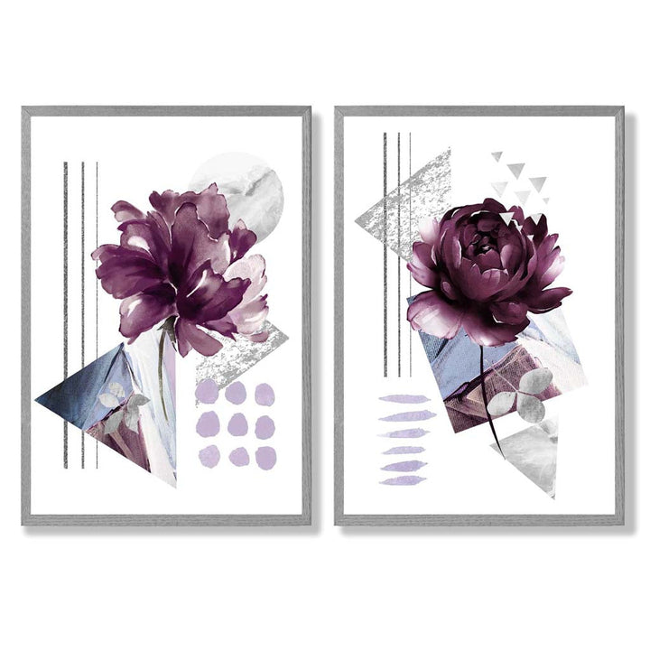 Contemporary Flowers in Purple Frame Set of 2 Art Prints | Bowlift