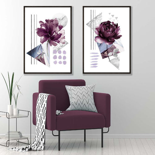 Contemporary Flowers in Purple Frame Set of 2 Art Prints | Bowlift