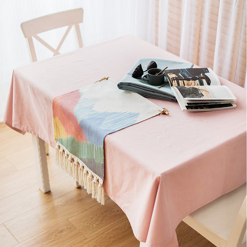 Rectangular woven table runner in watercolor jacquard with cotton fringes