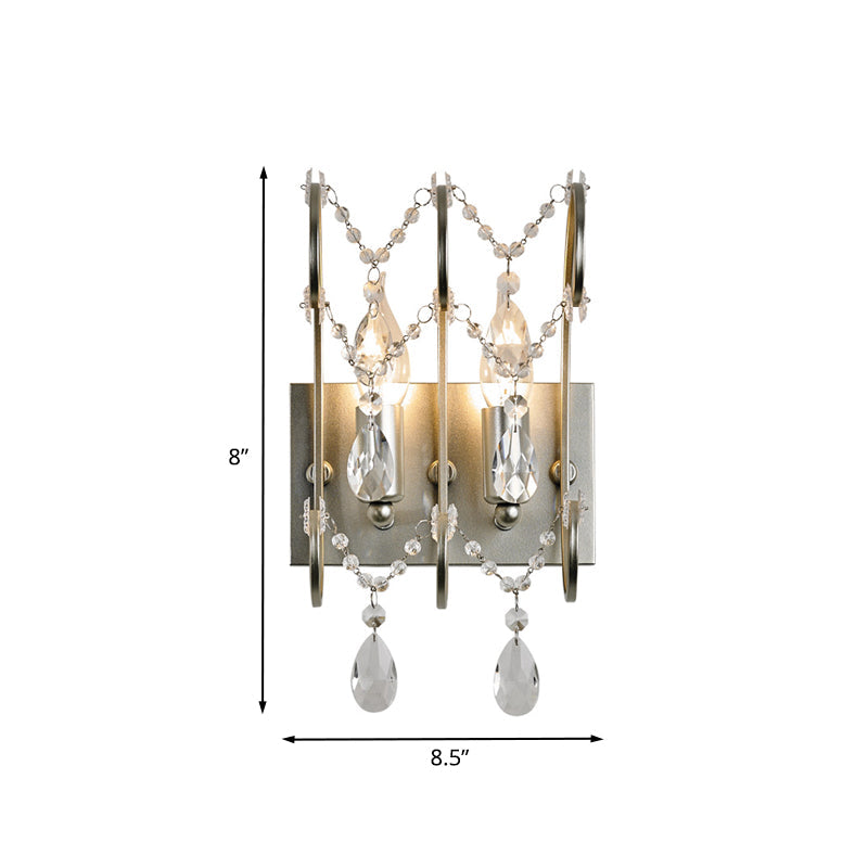 BowLift | 2-Light Crystal Strand Wall Lamp Contemporary Silver Bar Bedroom Wall Mount Light