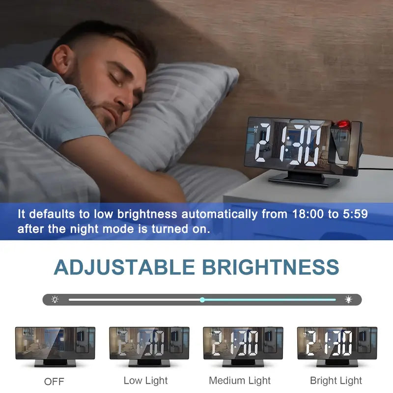 BowLift | 180° Adjustable LED Projection Alarm Clock – Snooze, 12/24H Time & Temperature Display, Mirror Design – USB Powered, Night Mode & Memory Function