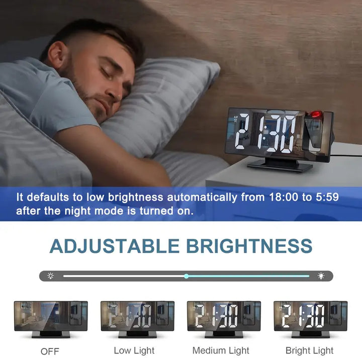 BowLift | 180° Adjustable LED Projection Alarm Clock – Snooze, 12/24H Time & Temperature Display, Mirror Design – USB Powered, Night Mode & Memory Function