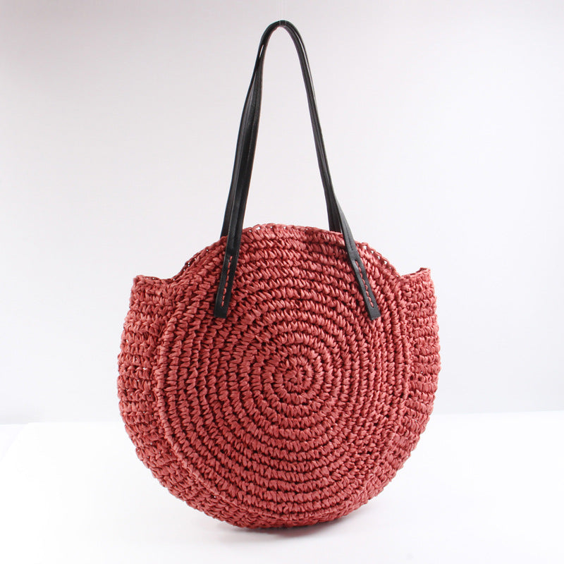 Handcrafted Round Basket Bag with Short Leather Handles Bowlift