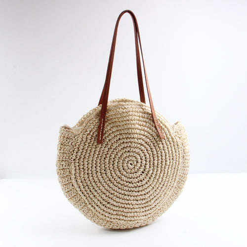 Handcrafted Round Basket Bag with Short Leather Handles Bowlift