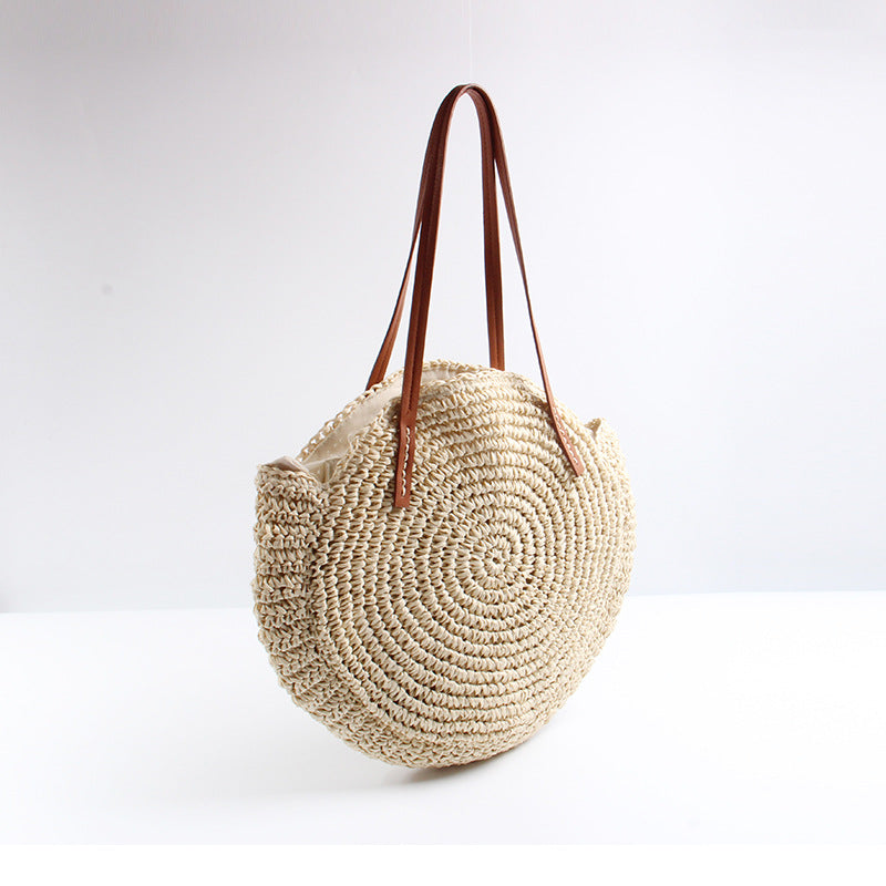Handcrafted Round Basket Bag with Short Leather Handles Bowlift