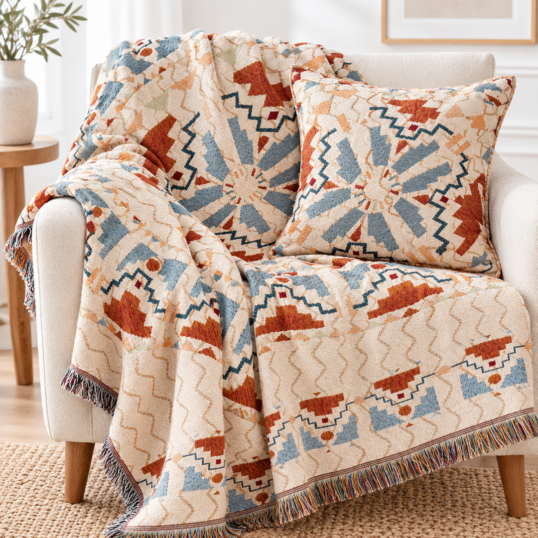 Waffle Weave Cotton-Linen Fringe Sofa Throw Blanket Bowlift