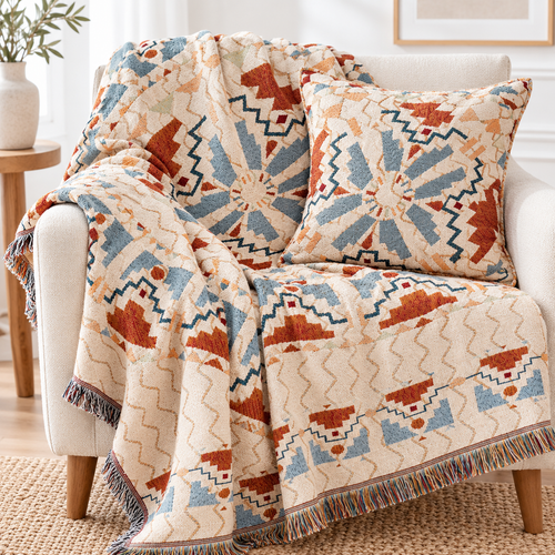 Waffle Weave Cotton-Linen Fringe Sofa Throw Blanket Bowlift