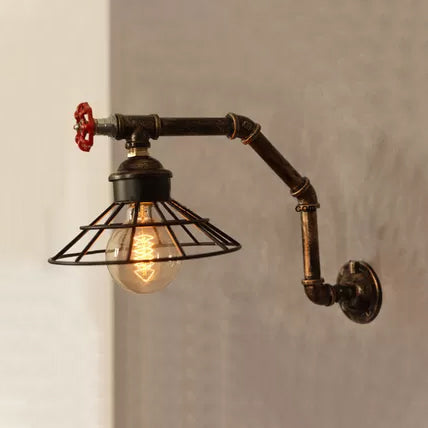 BowLift | 1 Light Bulb Wire Cone Wall Lighting with Pipe Design Vintage Industrial Bronze Finish Metal Wall Lamp