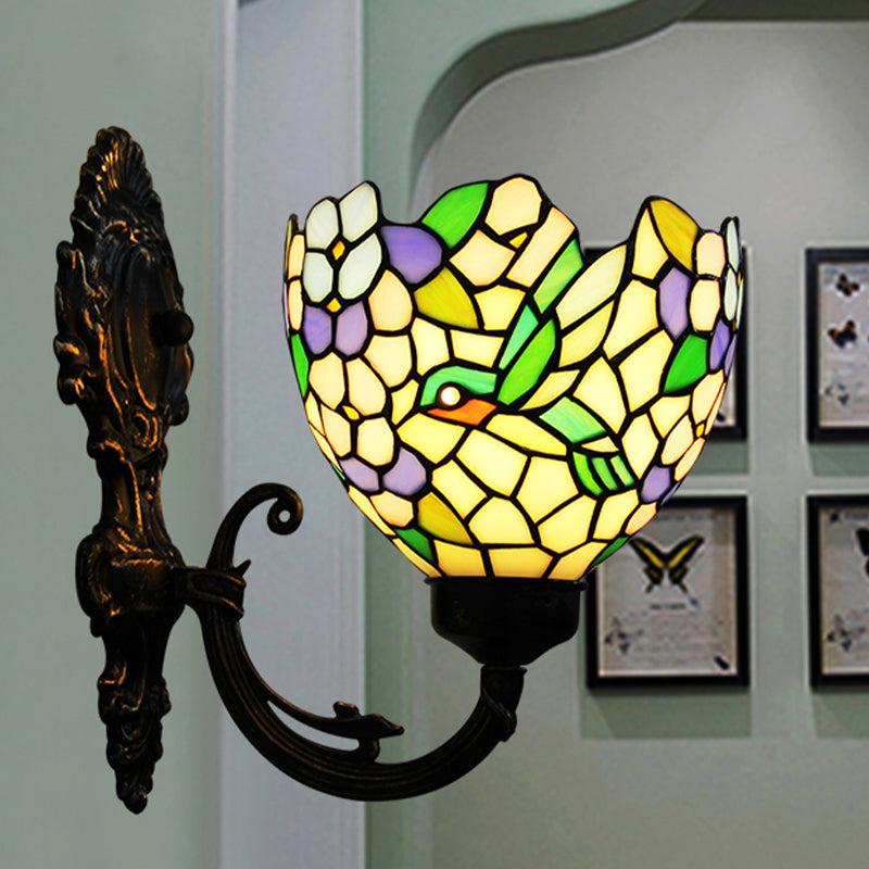 BowLift | 1-Light Wall Sconce Baroque Flower Hand-Cut Glass Wall-Mounted Lighting in Bronze with Swirl Arm