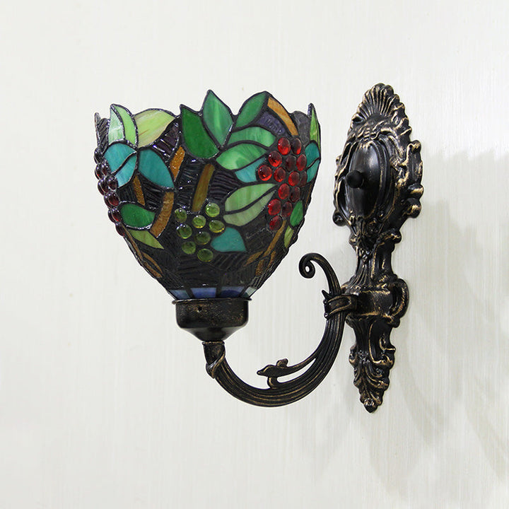 BowLift | Tiffany Bowl Wall Lamp 1 Head Etched Glass Grape Pattern Wall Mount Lamp in Green and White/Black