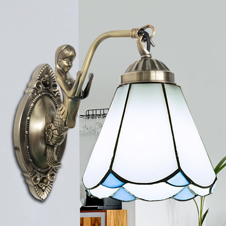 BowLift | 1 Head Cone-shaped Wall Sconces Lighting Mission White/Beige Glass Wall-mounted Light Set with Mermaid Backplate