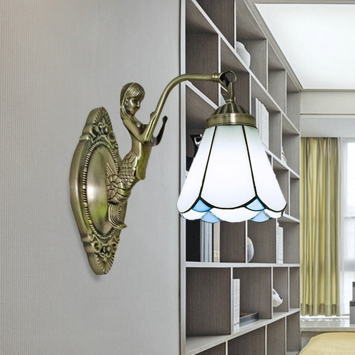 BowLift | 1 Head Cone-shaped Wall Sconces Lighting Mission White/Beige Glass Wall-mounted Light Set with Mermaid Backplate