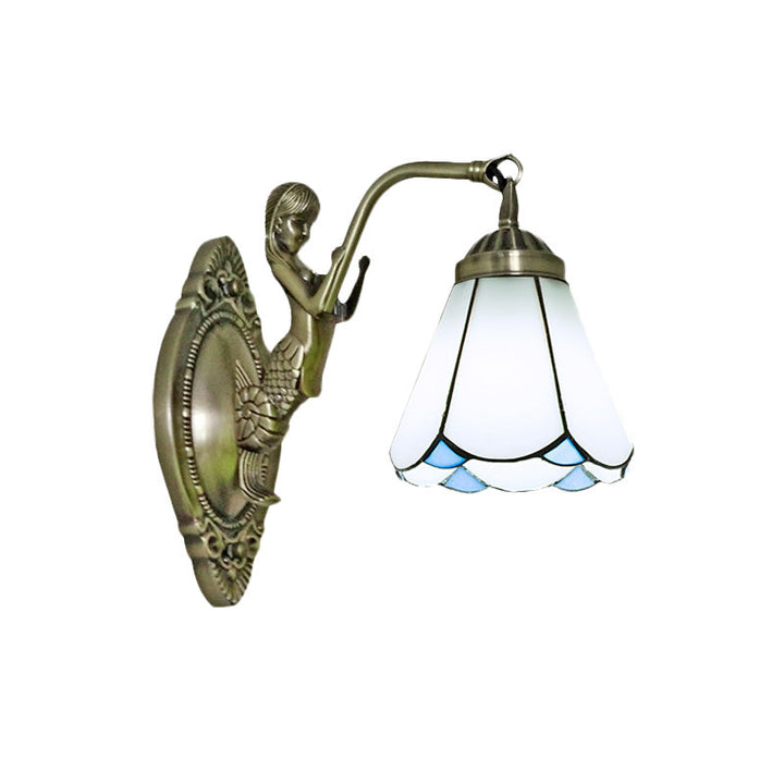 BowLift | 1 Head Cone-shaped Wall Sconces Lighting Mission White/Beige Glass Wall-mounted Light Set with Mermaid Backplate