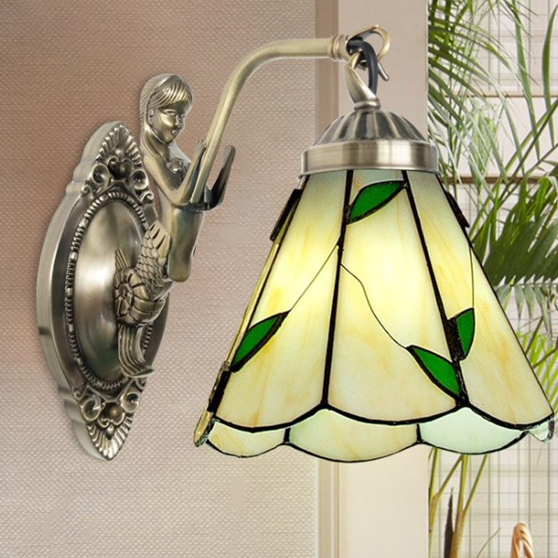 BowLift | 1 Head Cone-shaped Wall Sconces Lighting Mission White/Beige Glass Wall-mounted Light Set with Mermaid Backplate